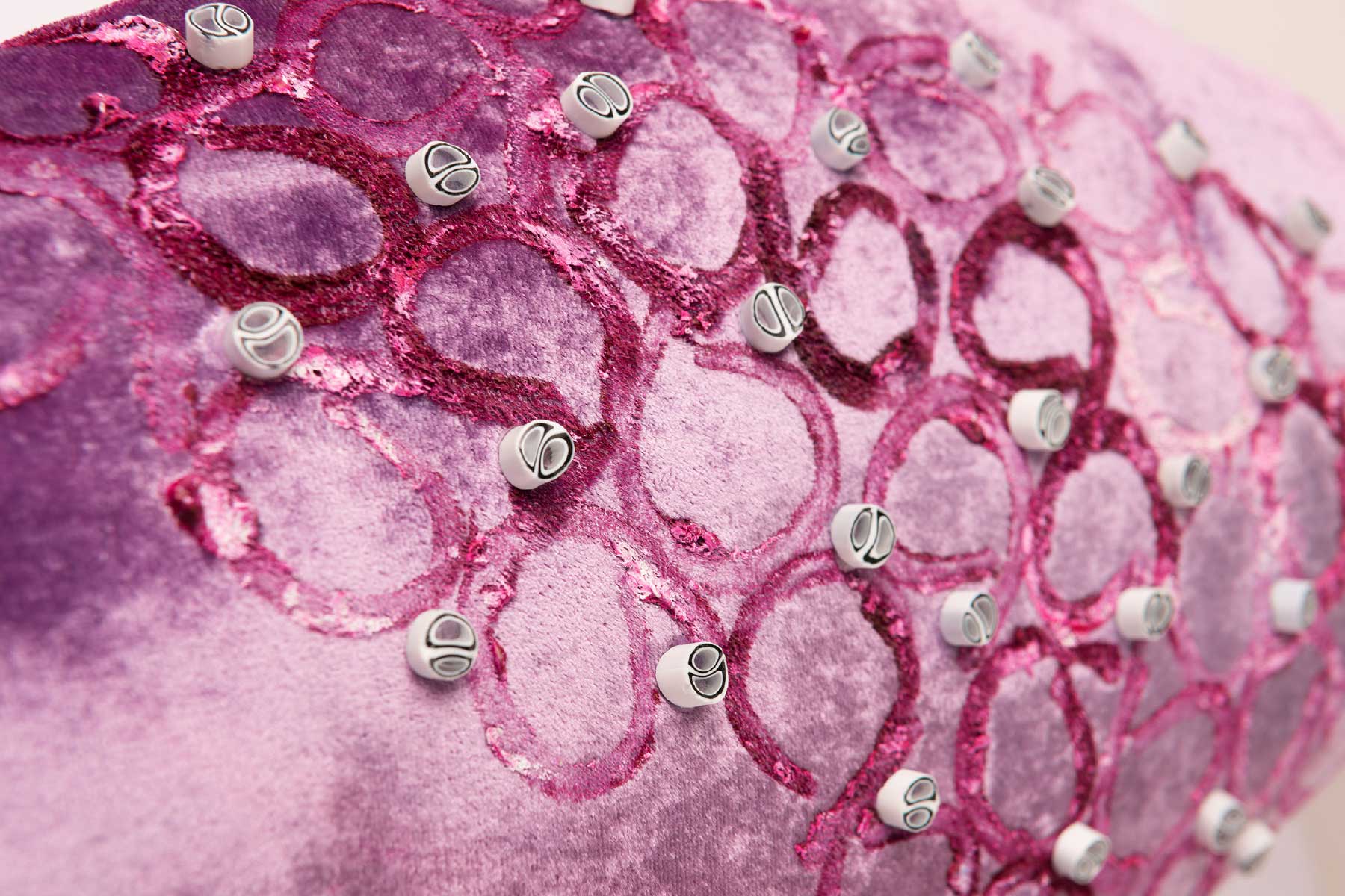 Anna Paola Cibin Sculpture Pink Joyful Fish Detail Silk Velvet Murano glass Murrine Steel basement