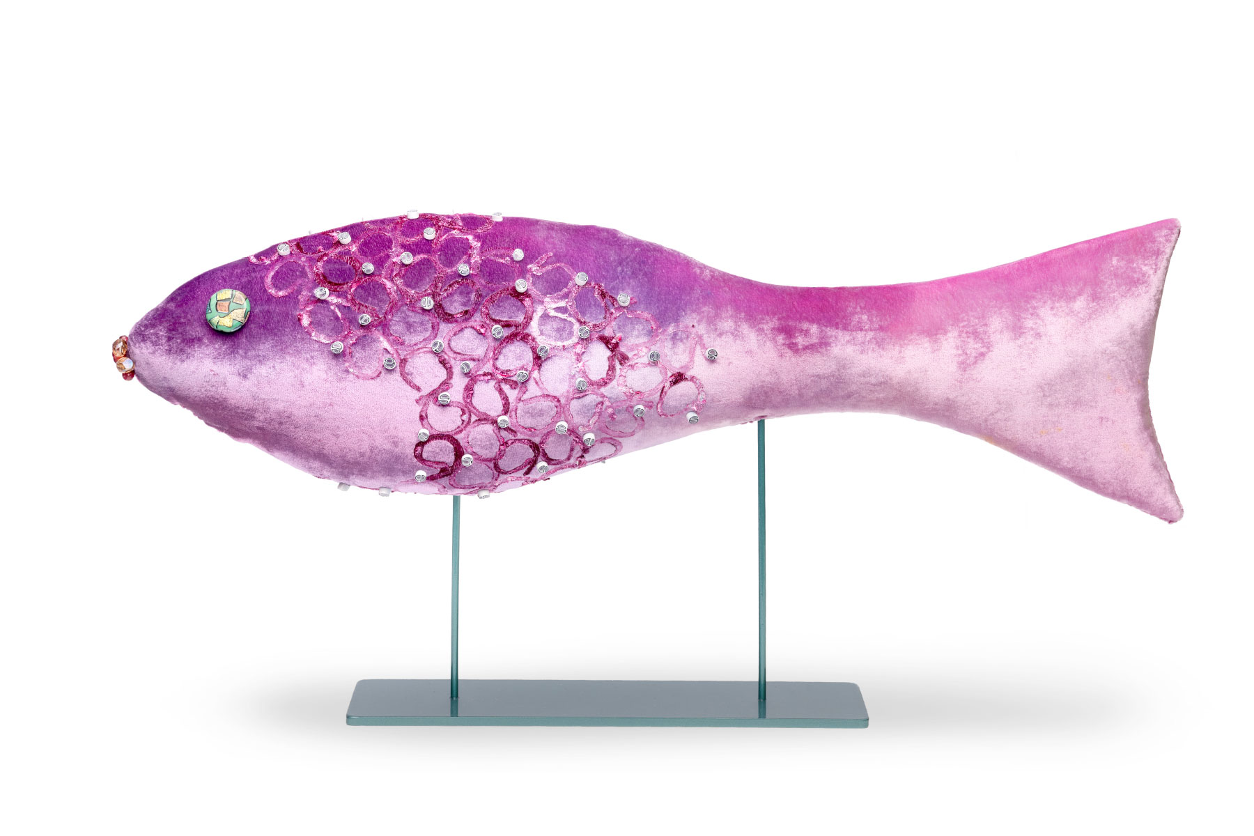 Sculpture Pink Joyful Fish Detail Silk Velvet Murano glass Murrine Anna Paola Cibin