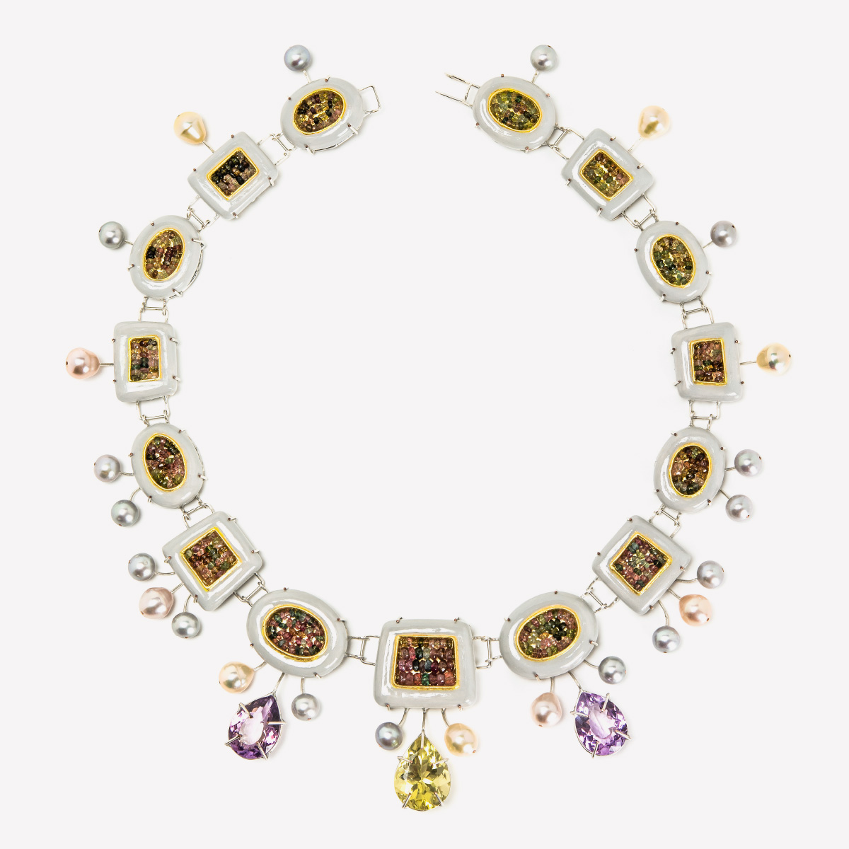 Contemporary Necklace Cinis silver plated copper citrine rose amethysts tourmalines Gian Luca Bartellone