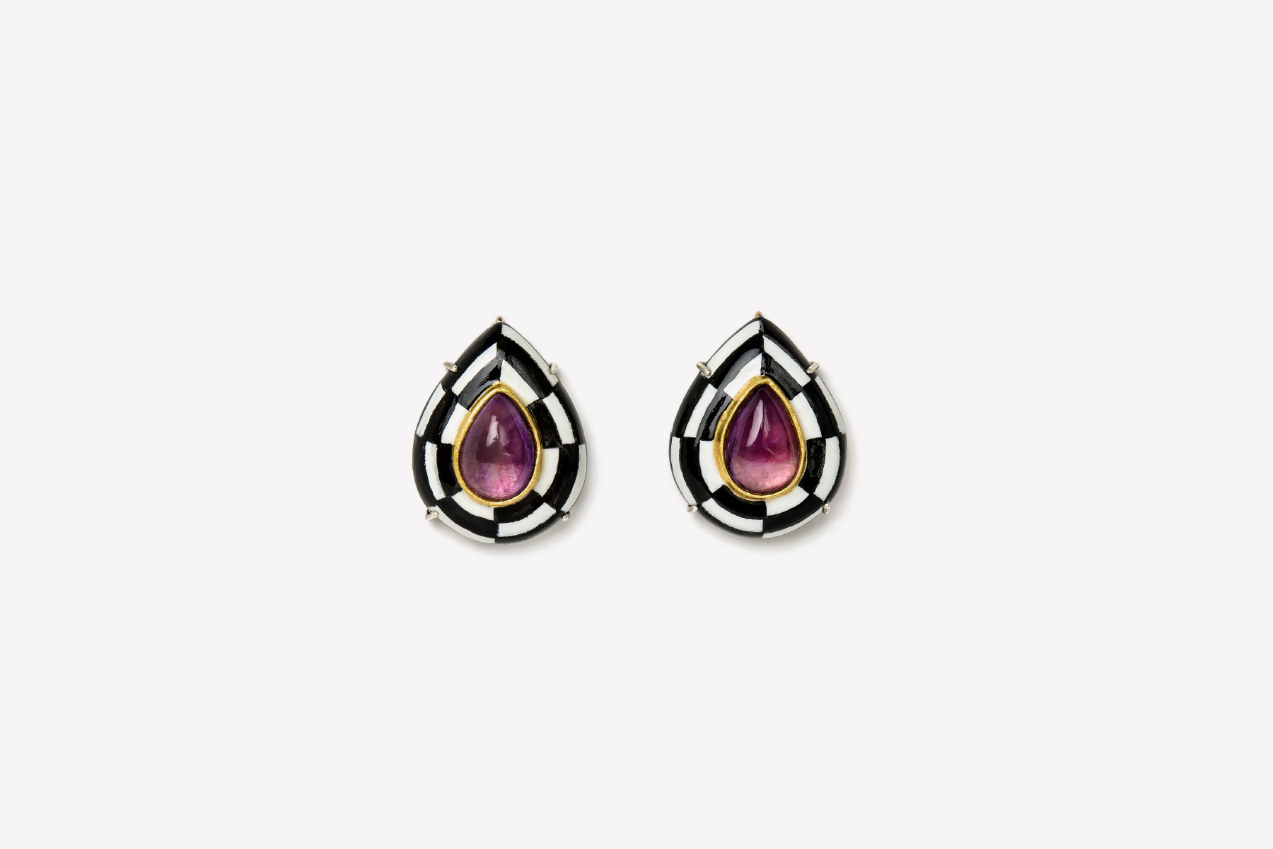 Gian Luca Bartellone Italian Earrings Hypno 5 gold 18kt silver amethysts gold leaf 22kt Italiano Plurale