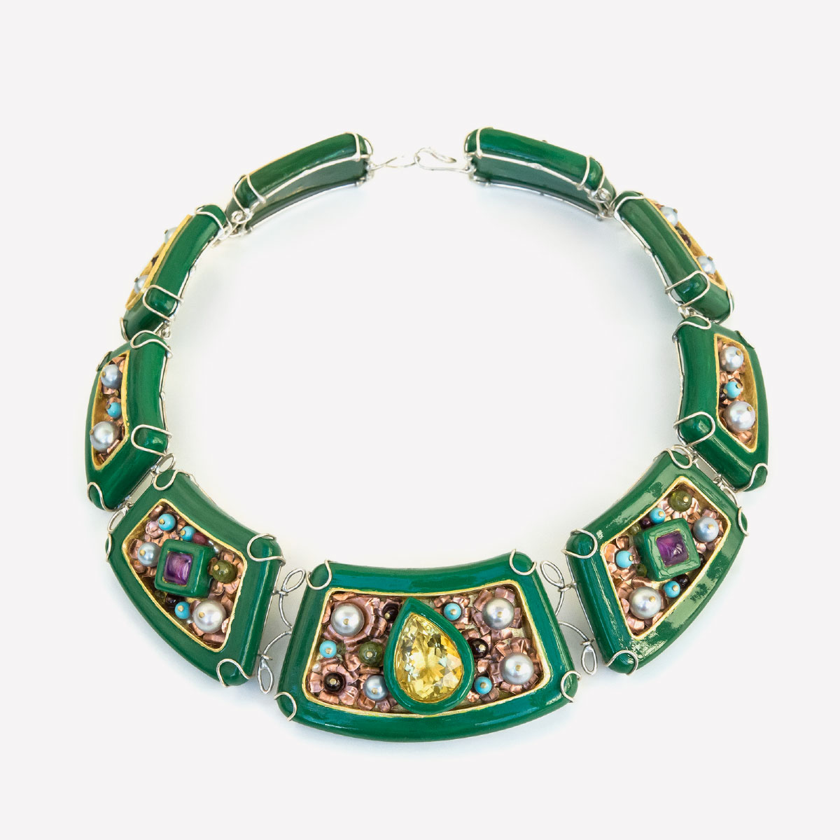 Gian Luca Bartellone Necklace Hybris papiermache silver plated copper citrine amethysts paper goldleaf 22kt