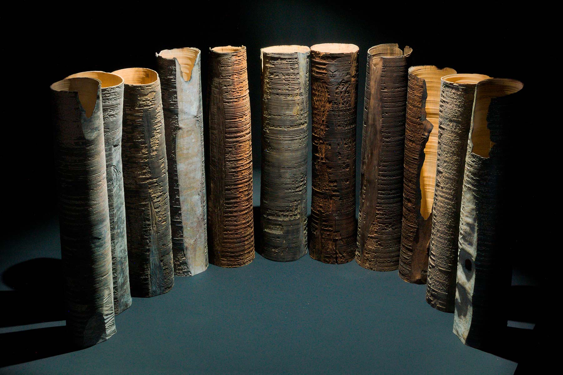 Sculptures Hammurabi wood walnut maple oxide titanium Lorenzo Franceschinis Italiano Plurale artist