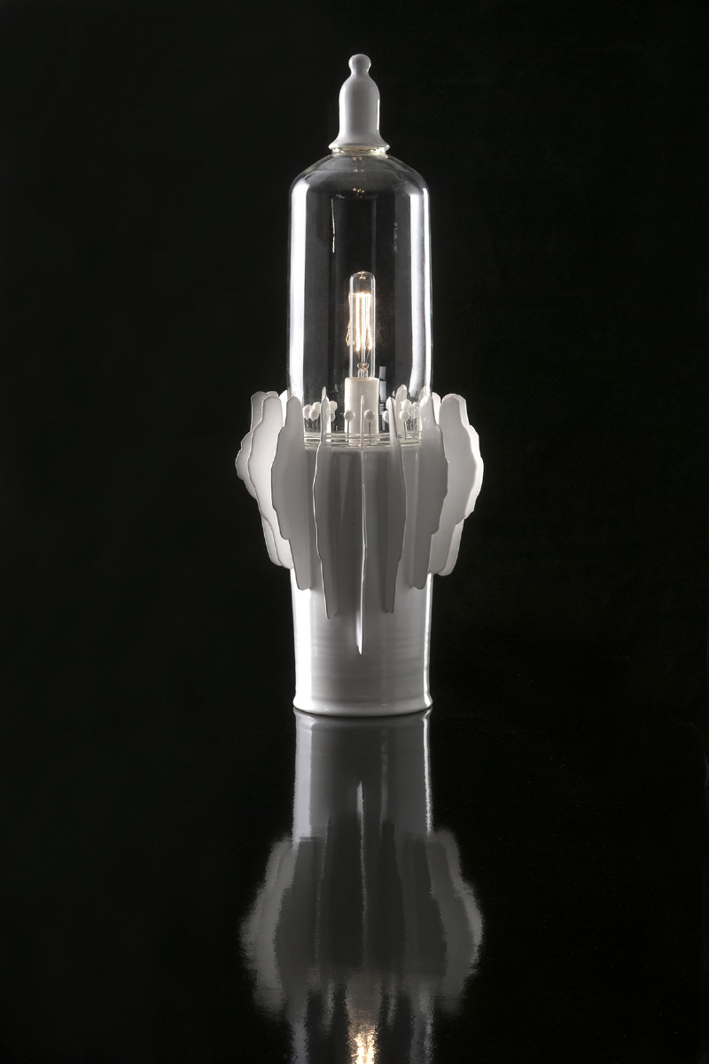 Ceramic Light sculpture Volo nello spazio clay steel Lidia Marti