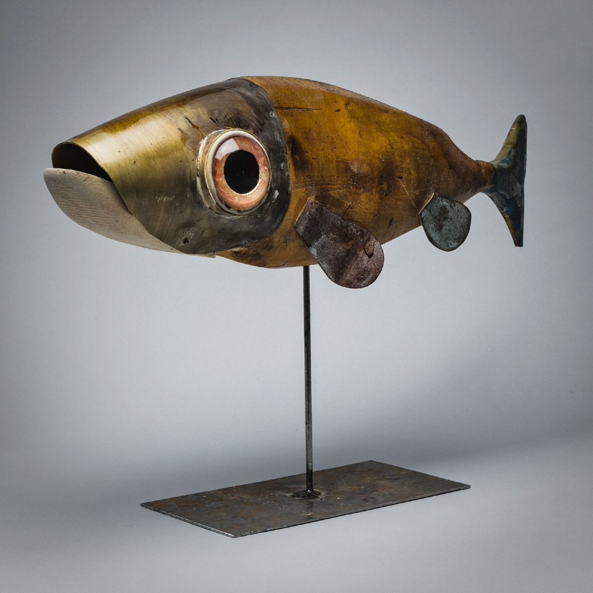Stefano Prina Sculpture Carved wooden fish brass head turned eyes in acrylic resin iron pedestal shellac