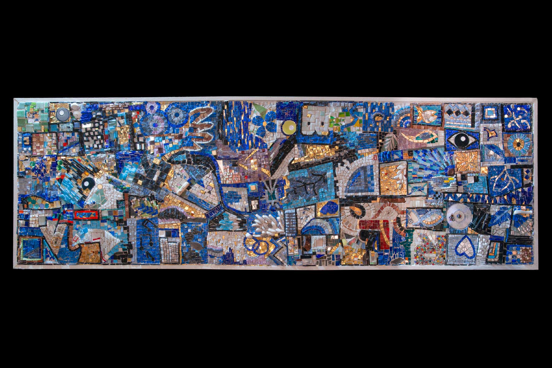 Ursula Corsi mosaic Blue Experience glass tiles stones wooden frame