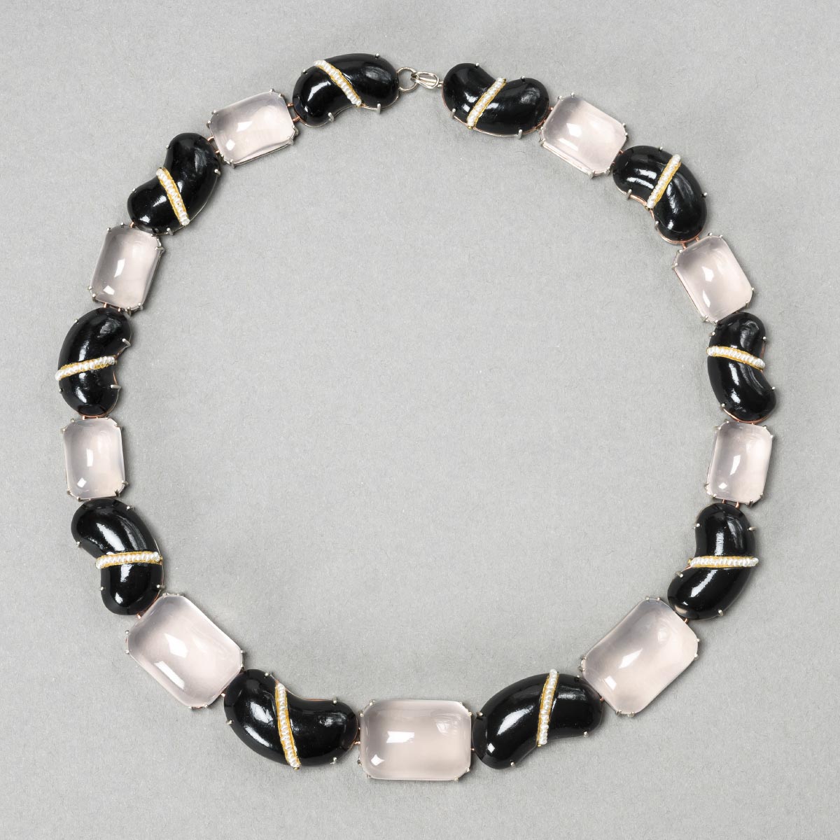 Gian Luca Bartellone Contemporary necklace Faba papier mache silver copper rose quartz pearls gold leaf 22kt