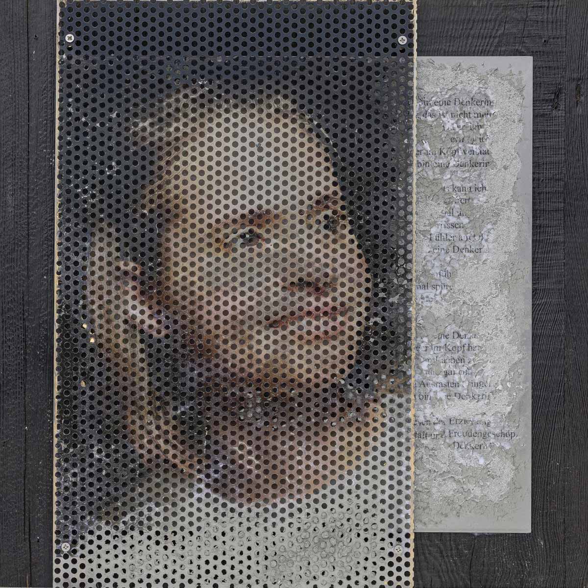 Metal Portrait The autistic Photo on stainless steel and aluminum mixed media Ingrid Heiss